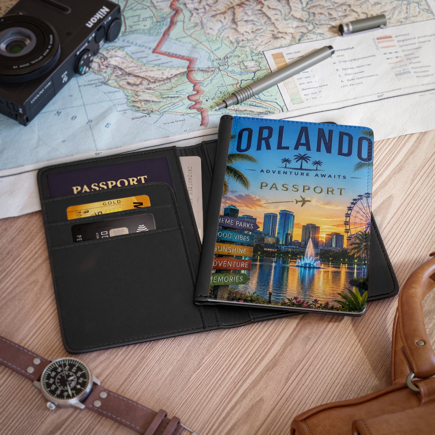 Orlando Passport Cover — Travel Wallet with City Skyline, Ferris Wheel & 'Adventure Awaits' Design