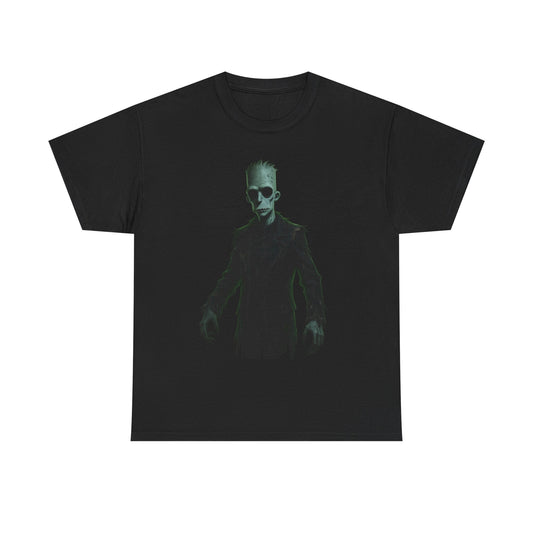 Alien Shadow Graphic Tee — Neon Green Sci‑Fi Skeleton Design