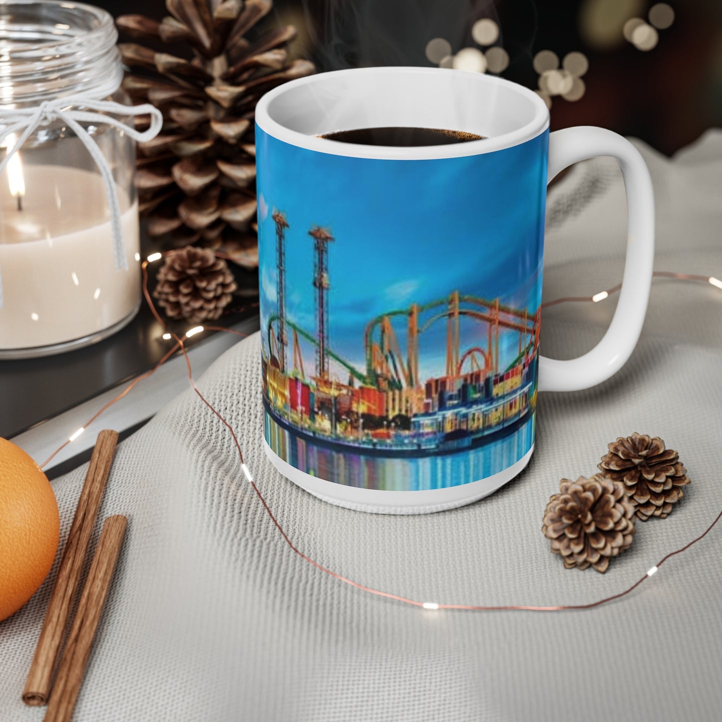 Orlando Theme Park Nightscape Ceramic Mug — Colorful Roller Coaster Skyline (11oz & 15oz)