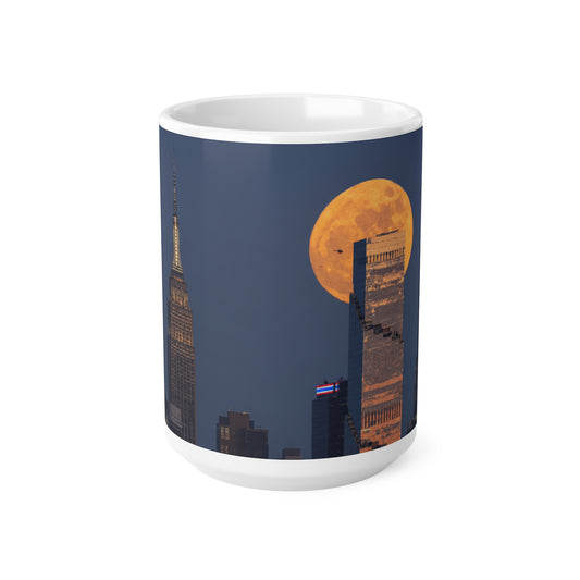 New York City Skyline Mug with Full Moon – NYC Nightscape Ceramic Coffee Cup (11oz, 15oz)