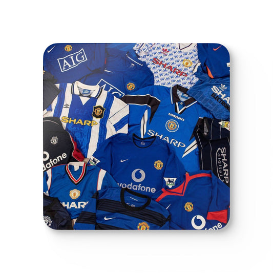 Manchester United Vintage Blue Soccer Jersey Corkwood Coaster Set – Football Memorabilia Drink Coasters (4-Pack)
