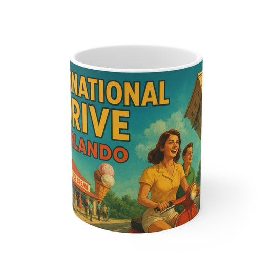 Orlando Retro Roadtrip Mug — "International Drive" Vintage Travel Coffee Cup