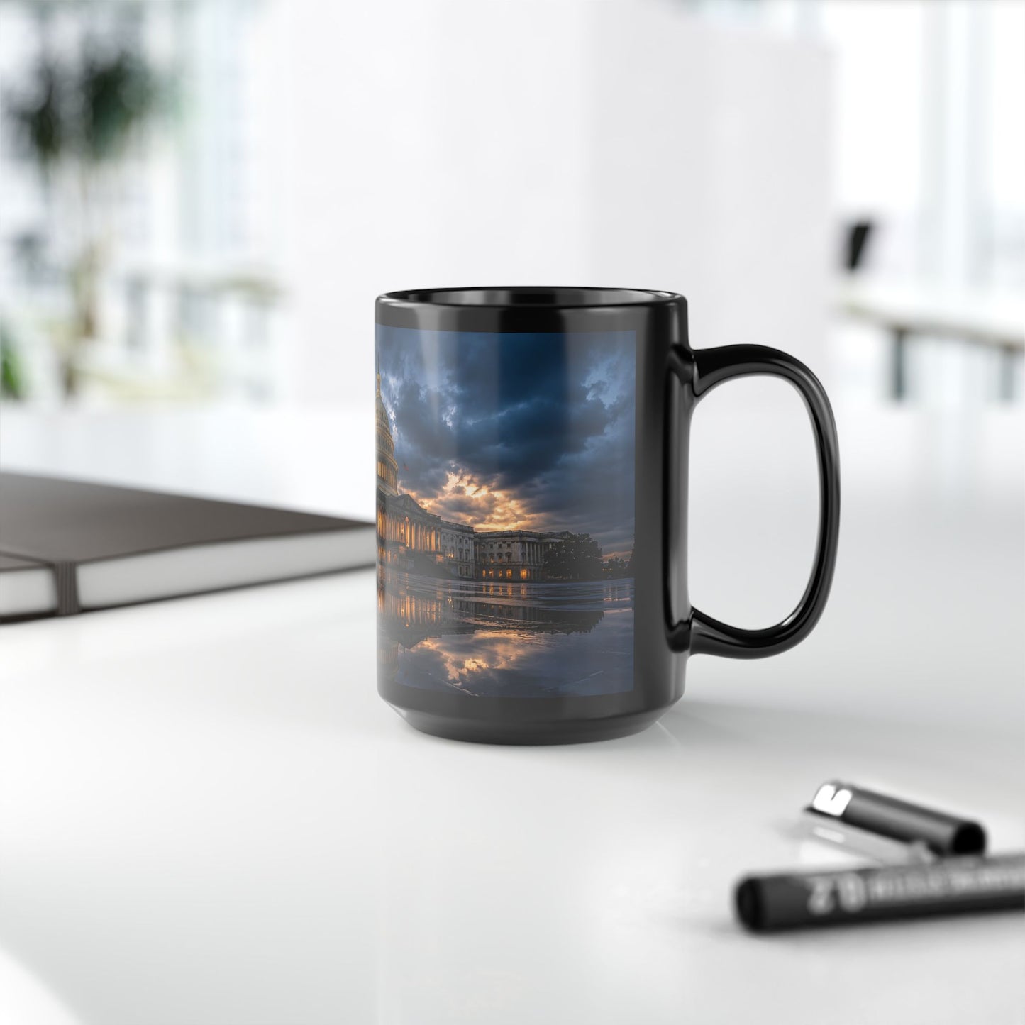 US Capitol Reflection Black Mug — Washington D.C. Skyline Coffee Cup (11oz, 15oz)