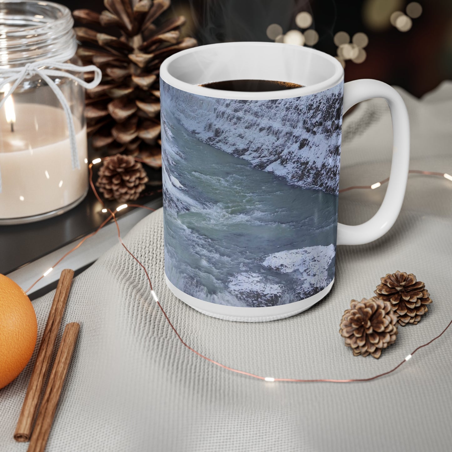 Ceramic Mug — Snowy Waterfall Scenic Coffee Cup (11oz & 15oz)
