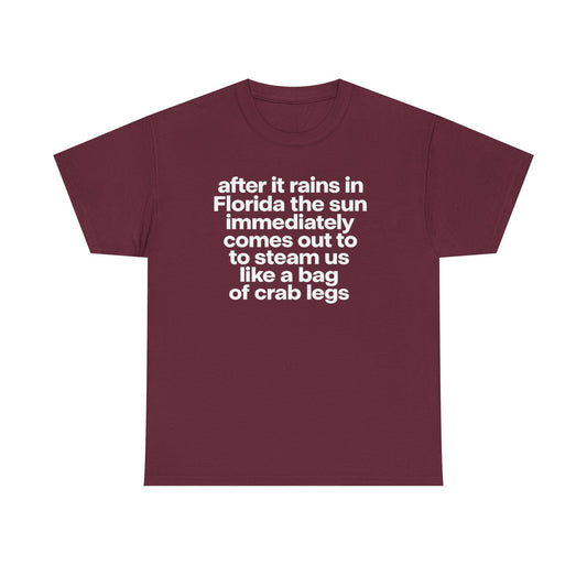 T-Shirt — "after it rains in Florida the sun immediately comes out to steam us like a bag of crab legs" Funny Florida Weather Tee