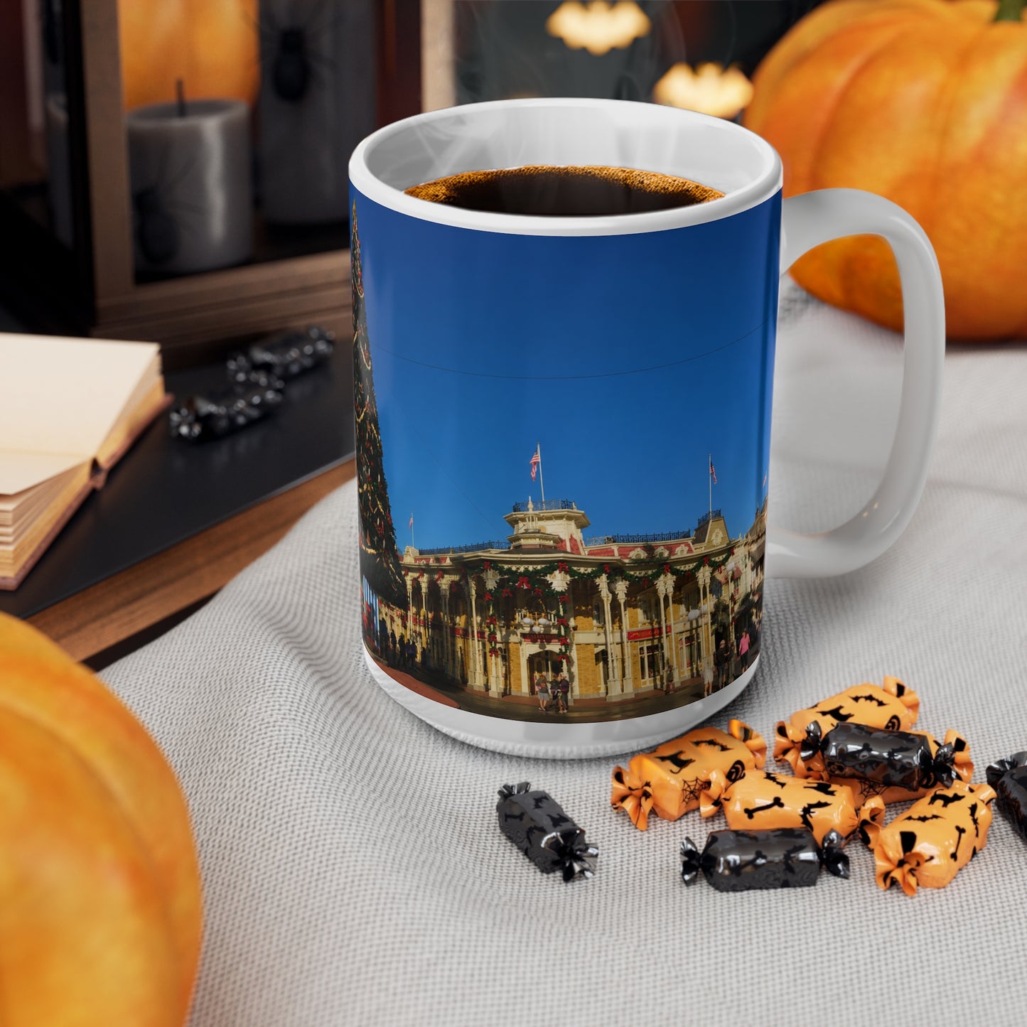 Magic Kingdom Town Square Christmas Mug — Festive Tree & Main Street Ceramic Coffee Cup (11oz, 15oz)