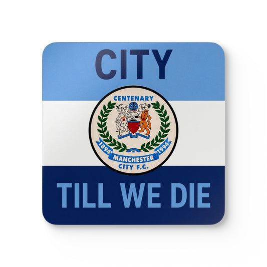 Cork Coaster Set — 'City Till We Die' Football Fan Drink Coasters (Blue Crest Design)