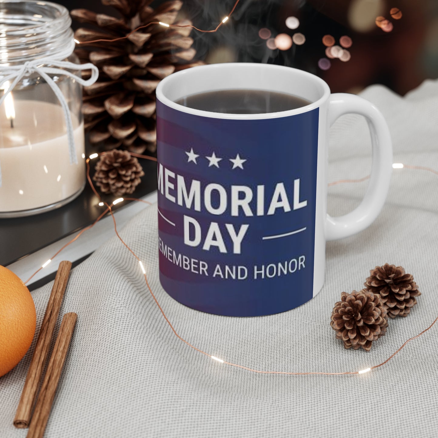 Memorial Day Ceramic Coffee Mug – American Flag “Remember and Honor” 11oz/15oz