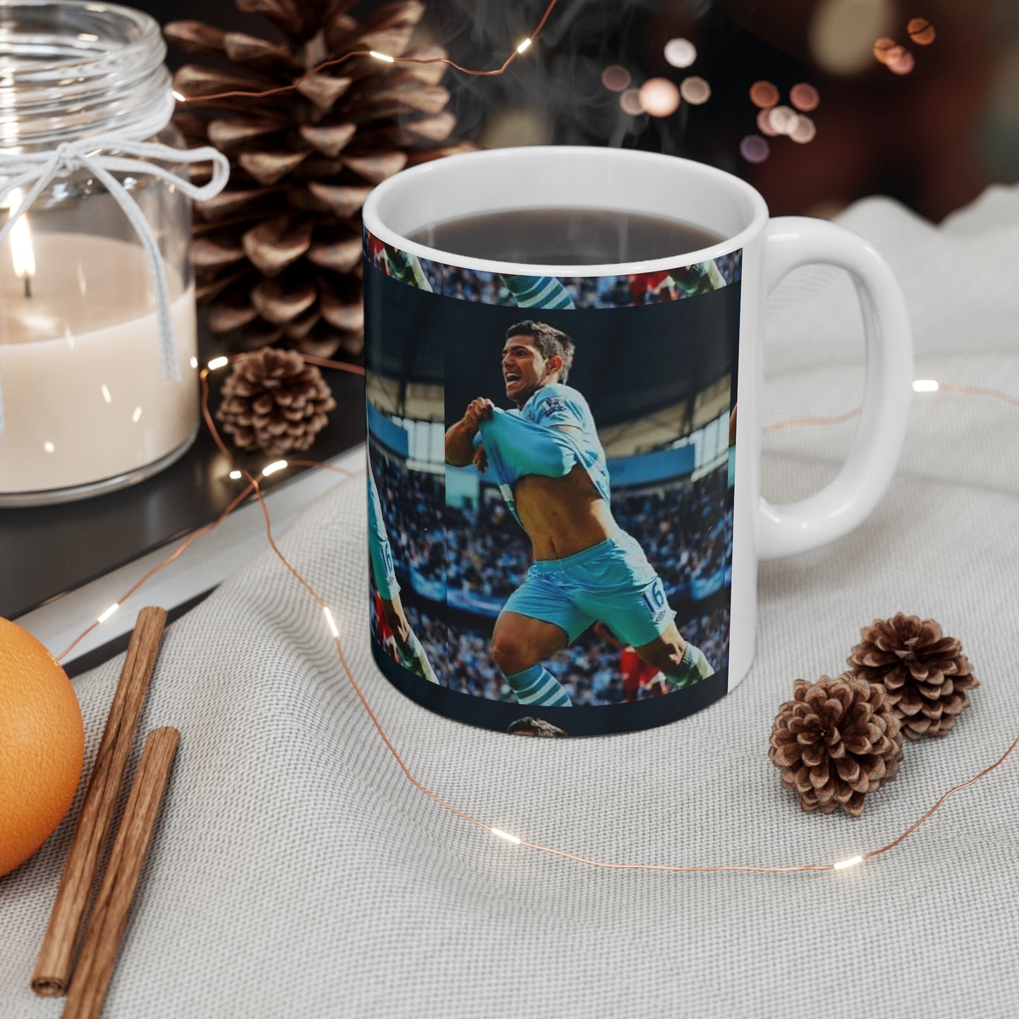Manchester City Sergio Aguero 93:20 Celebration Ceramic Mug — Stadium Goal Moment, 11oz & 15oz
