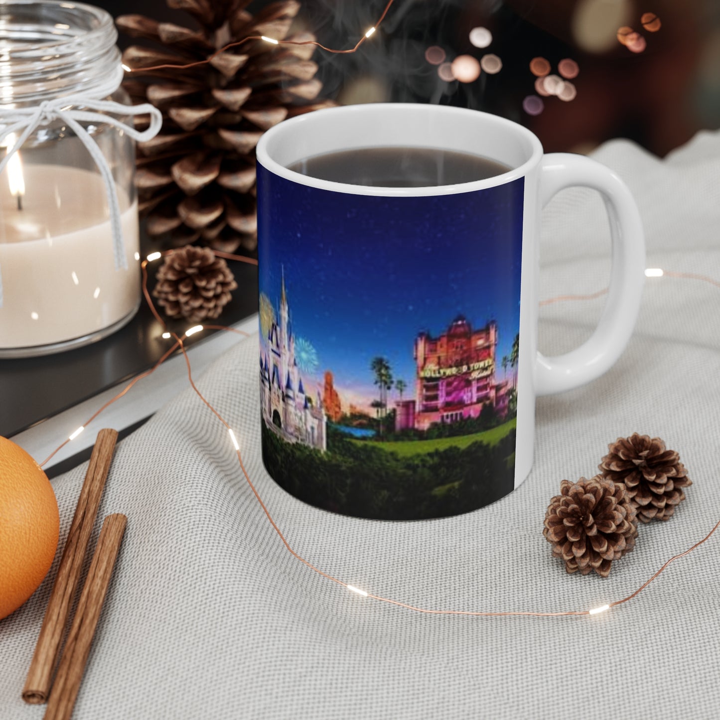 Disney Parks Night Skyline Ceramic Mug — Castle & Epcot Sphere Coffee Cup (11oz/15oz)