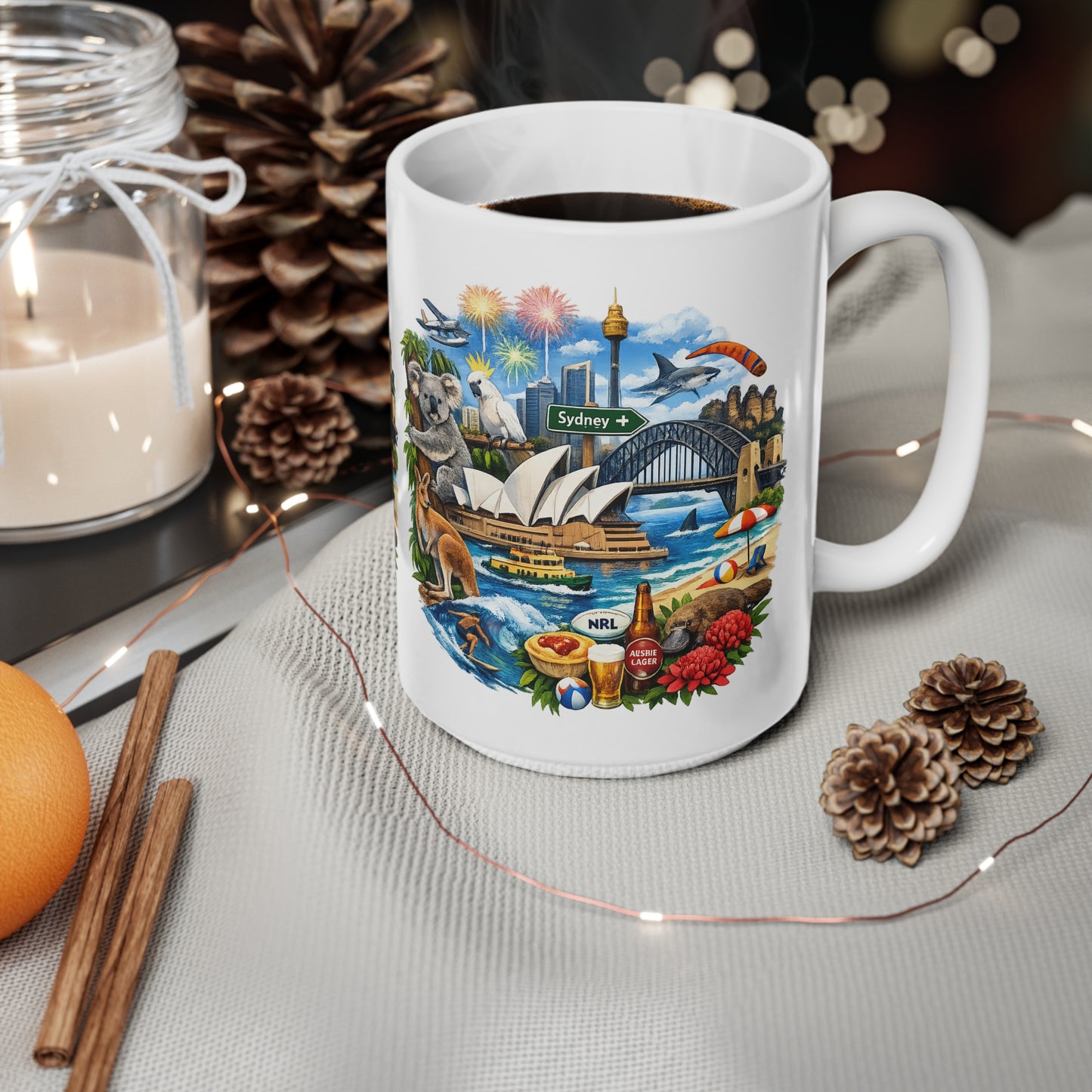 Sydney Australia Souvenir Coffee Mug — 11oz & 15oz Ceramic Cup with Opera House, Harbour Bridge & Native Wildlife