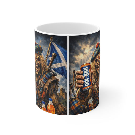 Scottish Heavy Metal Skull Mug — 'Iron-Bruh' Kilted Skeleton Coffee Cup (11oz & 15oz)