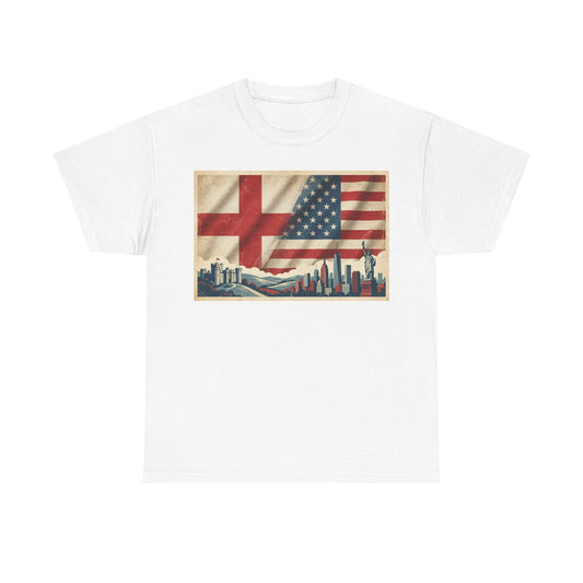 England + USA Flag Skyline T-Shirt — Vintage London & New York City Pride Tee