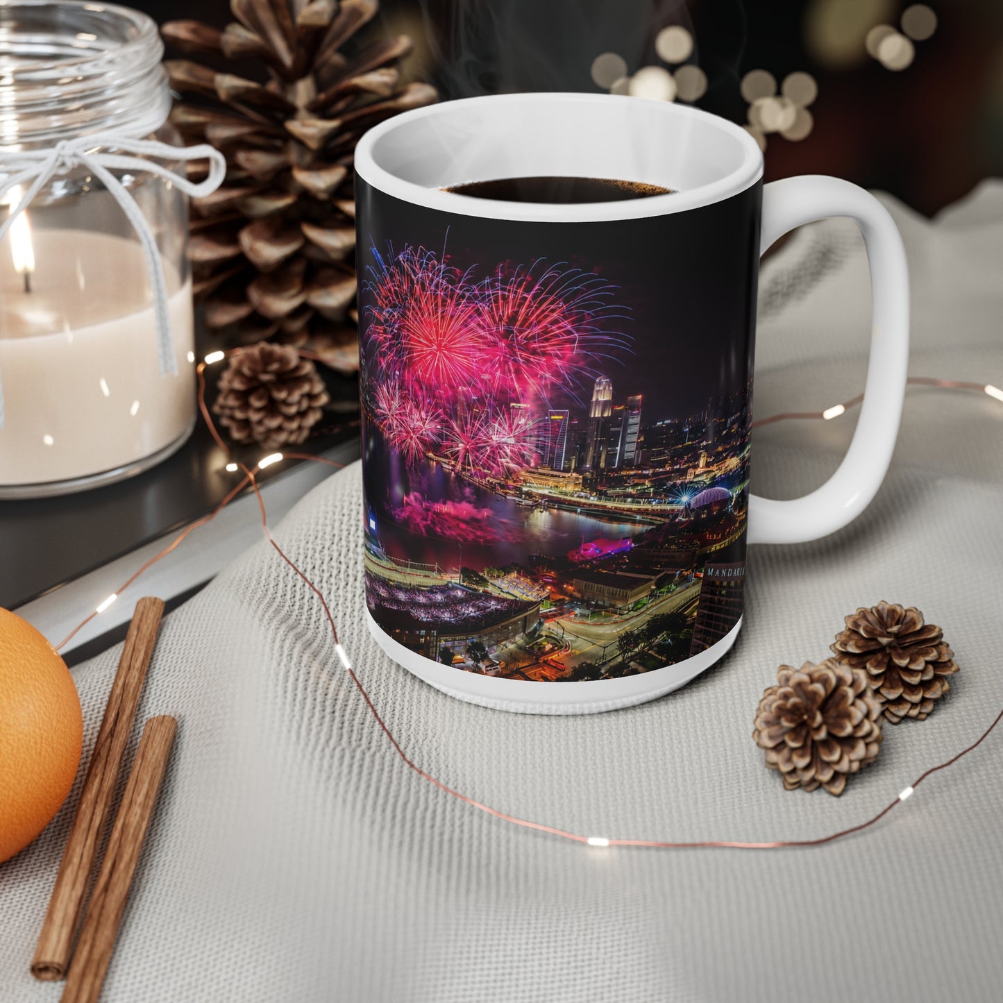 Singapore Night Skyline Coffee Mug — Marina Bay Fireworks 11oz/15oz