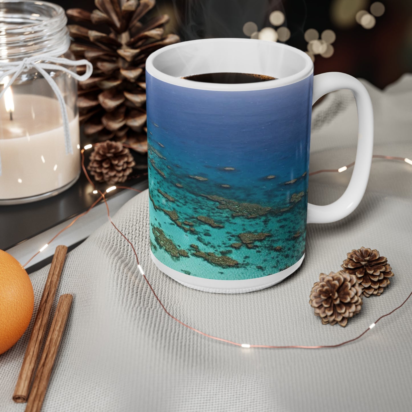 Ocean Reef Ceramic Coffee Mug — Aerial Turquoise Sea Print (11oz & 15oz)
