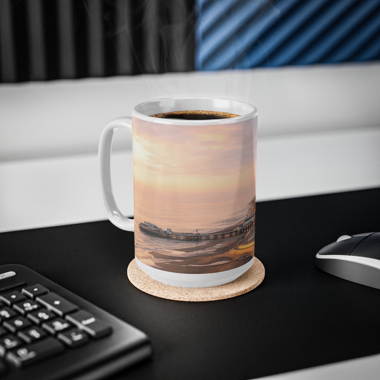 Blackpool Sunset Pier Ceramic Coffee Mug — Coastal Seaside Sunrise Photo, 11oz & 15oz
