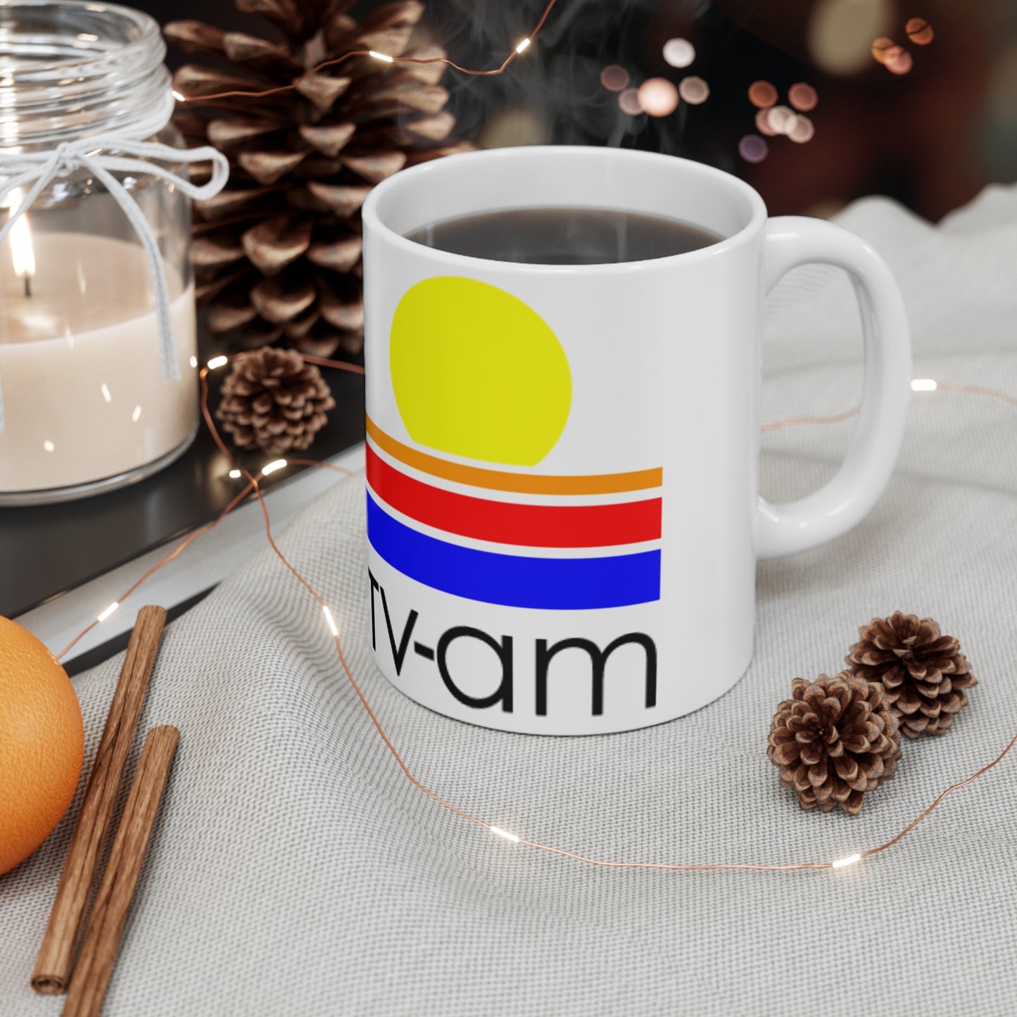 Retro Sunrise TV-AM Ceramic Mug — Vintage 80s Striped Logo Coffee Cup (11oz, 15oz)