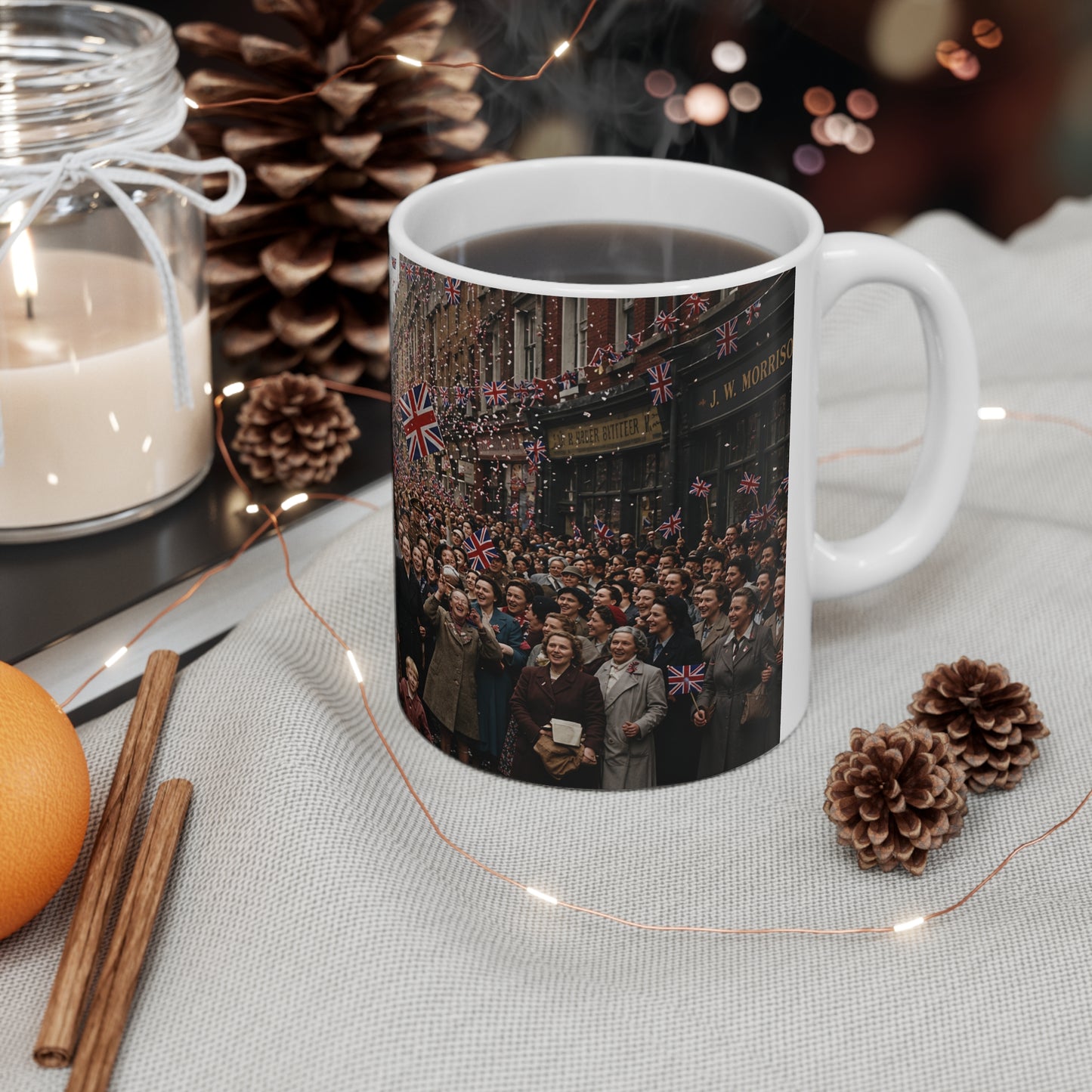 Union Jack Street Parade Mug — Vintage British Crowd Scene Ceramic Coffee Cup (11oz, 15oz)
