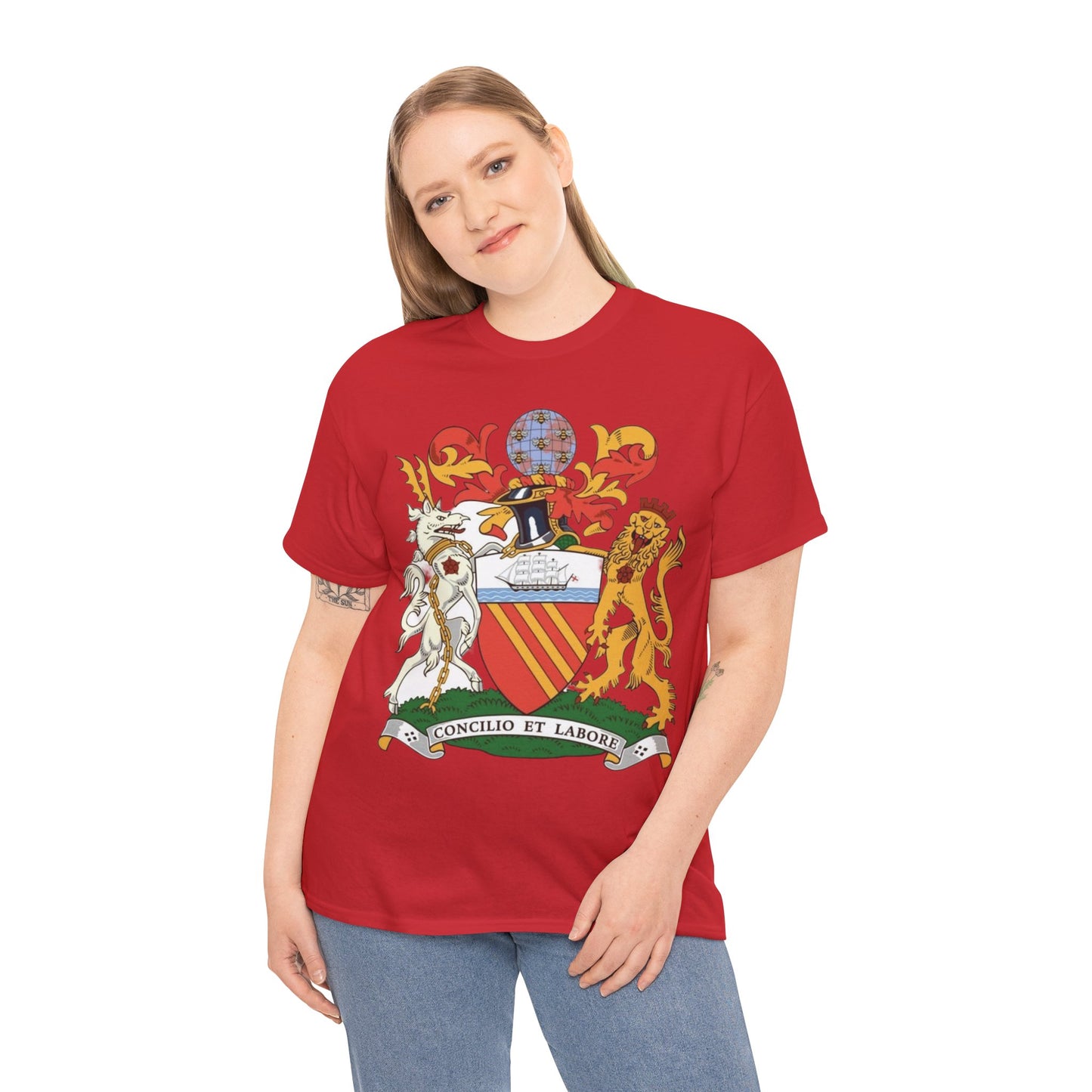 Manchester Coat of Arms Crest T‑Shirt — Heraldic Family Shield Tee with 'Concilio et Labore' Banner
