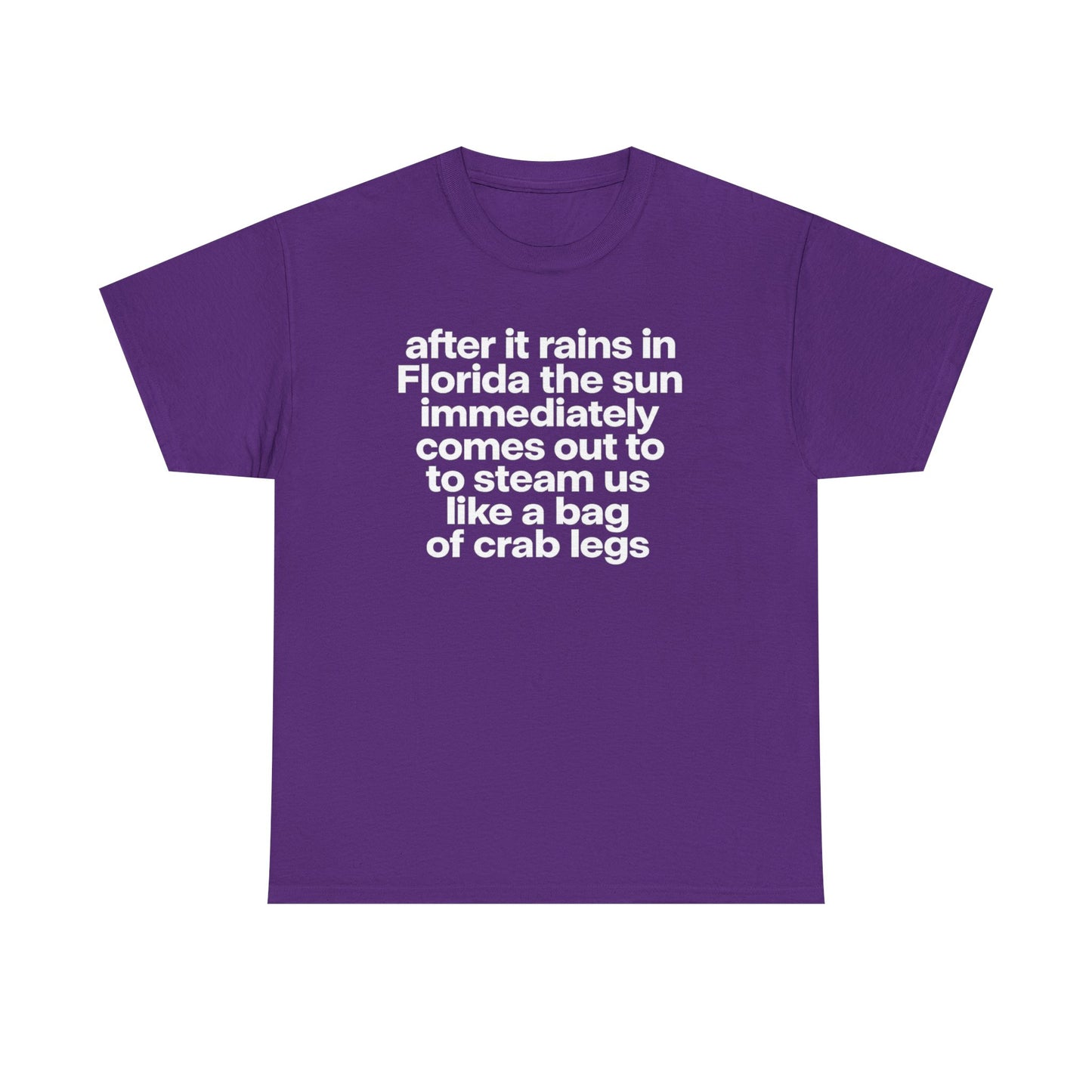 T-Shirt — "after it rains in Florida the sun immediately comes out to steam us like a bag of crab legs" Funny Florida Weather Tee