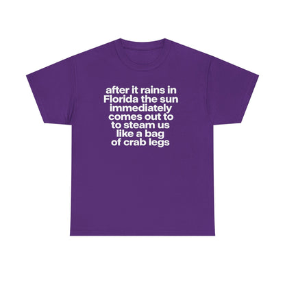 T-Shirt — "after it rains in Florida the sun immediately comes out to steam us like a bag of crab legs" Funny Florida Weather Tee
