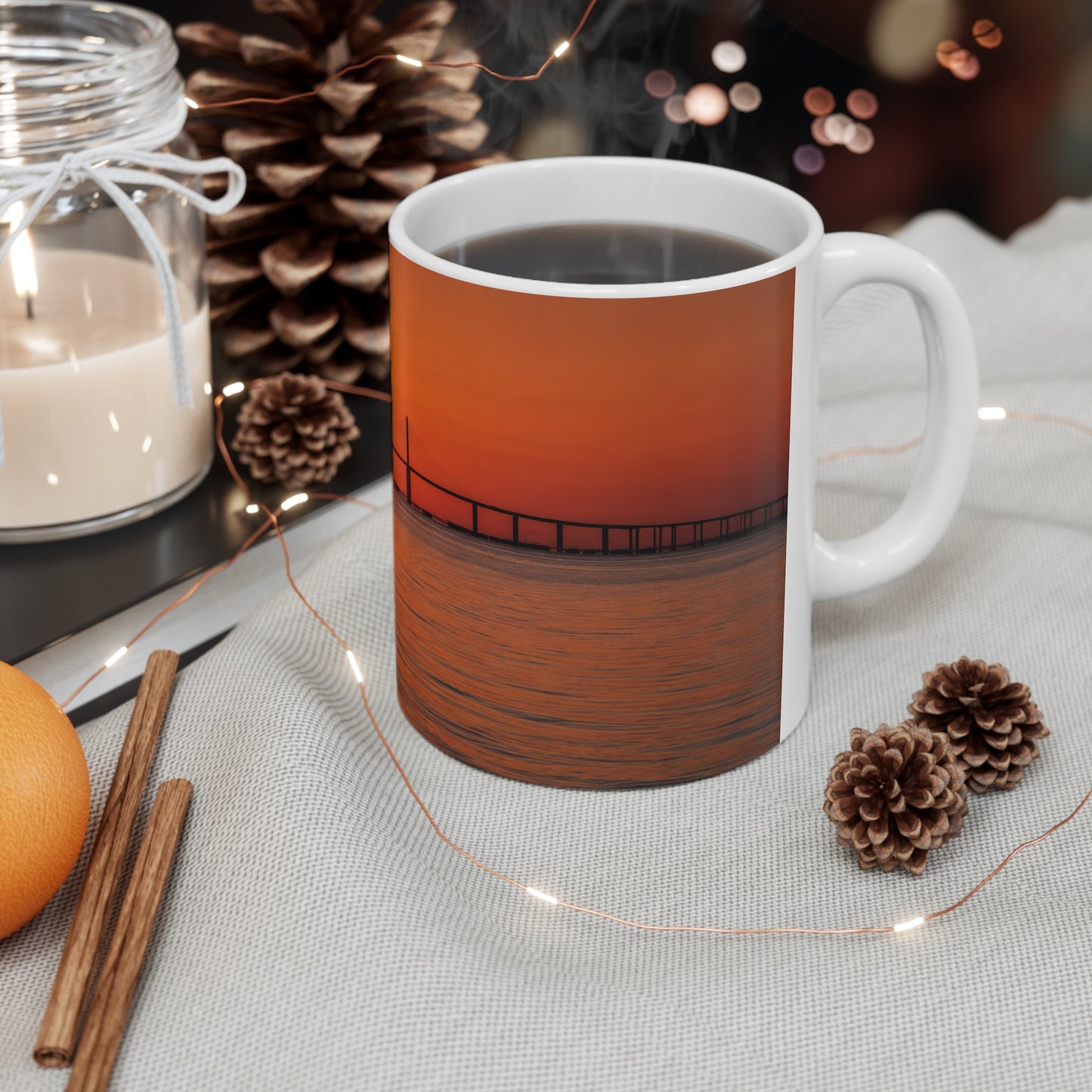 Skyway Sunset Bridge Ceramic Coffee Mug — Orange Seascape 11oz & 15oz