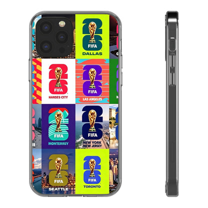 FIFA World Cup Pop Art Clear Phone Case — City Badge Collage (Dallas, LA, Monterrey, Toronto, Seattle)