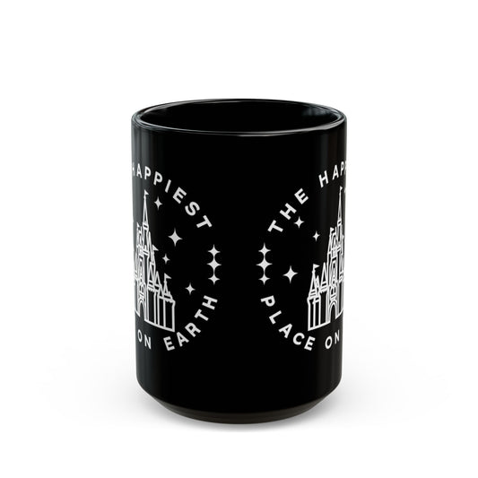 Black Castle Mug — "The Happiest Place on Earth" Ceramic Coffee Cup (11oz/15oz)
