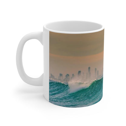 Surfer City Skyline Ceramic Coffee Mug – Ocean Wave Sunrise 11oz & 15oz
