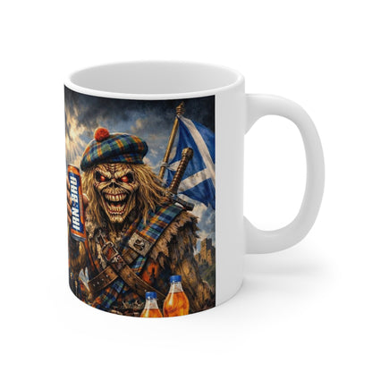 Scottish Heavy Metal Skull Mug — 'Iron-Bruh' Kilted Skeleton Coffee Cup (11oz & 15oz)