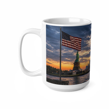 Statue of Liberty Sunset Mug — NYC Skyline Coffee Cup with American Flag (11oz & 15oz)