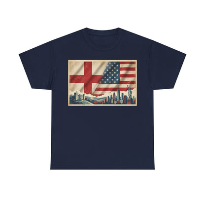 England + USA Flag Skyline T-Shirt — Vintage London & New York City Pride Tee