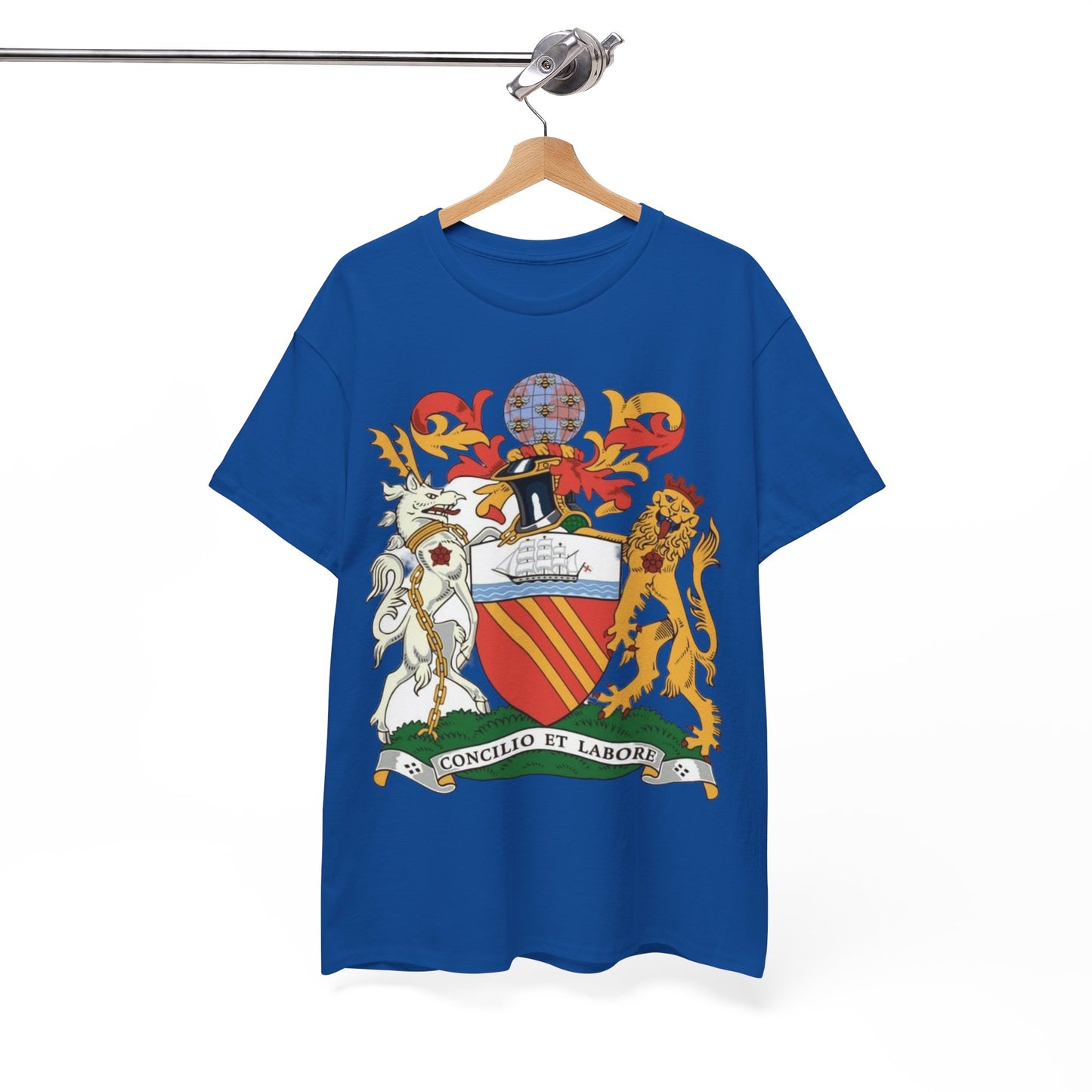 Manchester Coat of Arms Crest T‑Shirt — Heraldic Family Shield Tee with 'Concilio et Labore' Banner