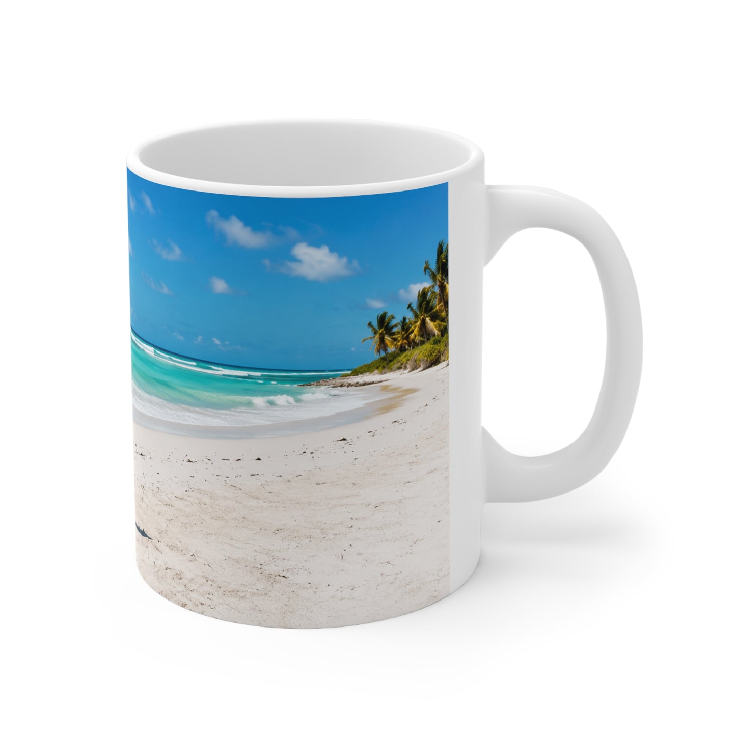 Barbados Beach Bus Stop Photo Mug — Tropical Ocean Scene Ceramic Coffee Cup (11oz & 15oz)