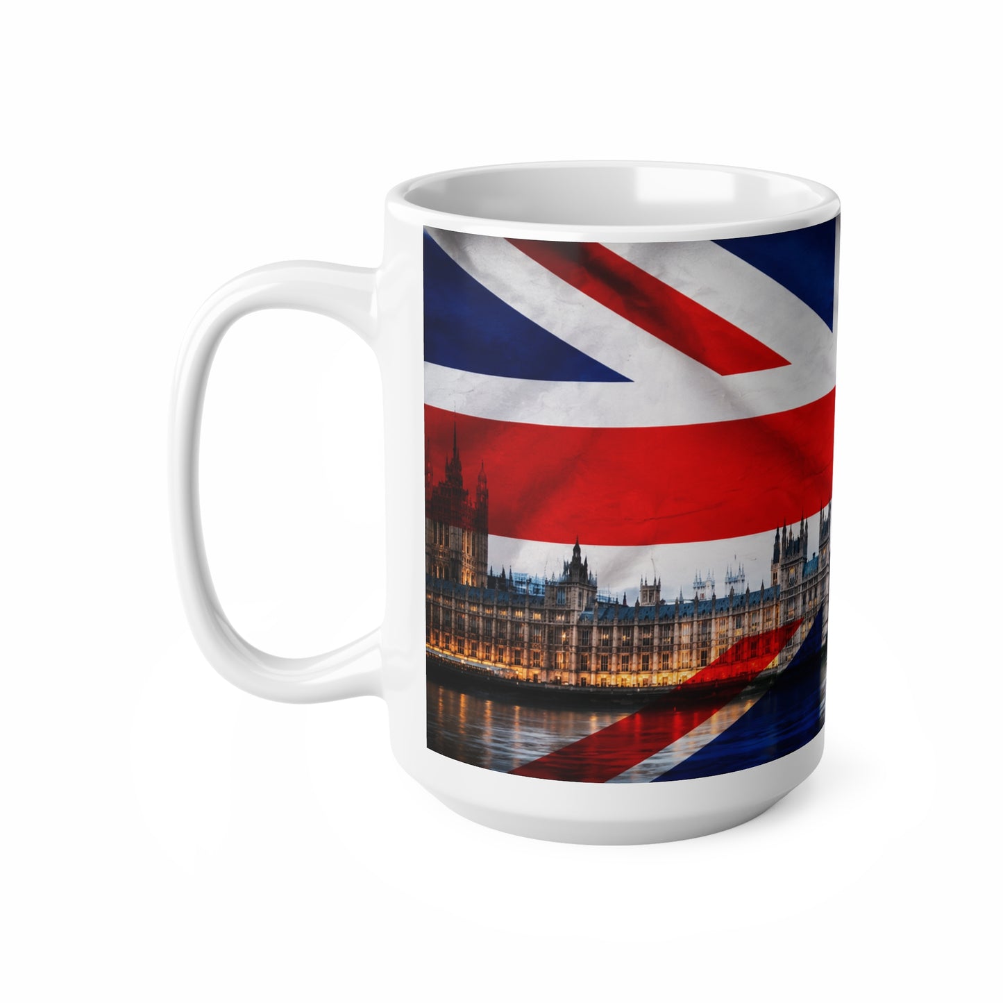 Union Jack London Mug — Ceramic Coffee Cup with Big Ben & Houses of Parliament (11oz, 15oz)