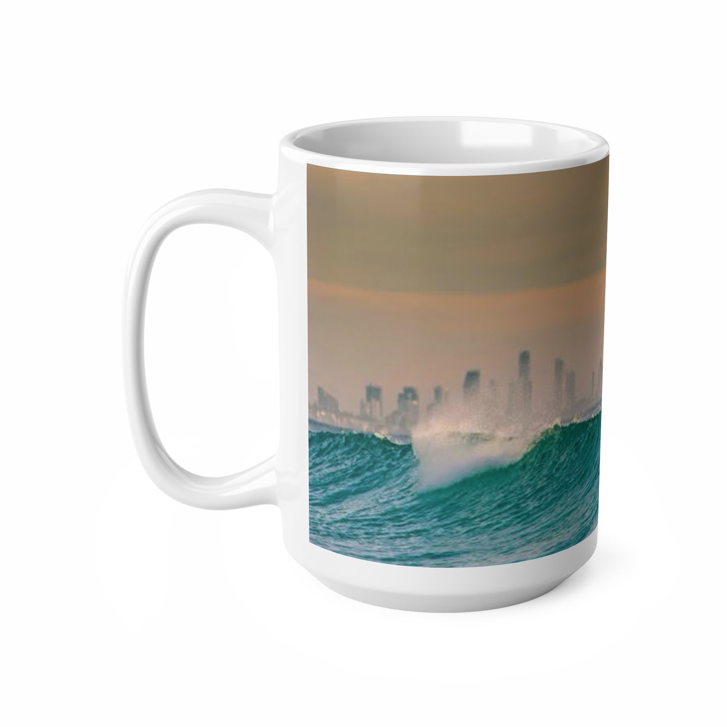 Surfer City Skyline Ceramic Coffee Mug – Ocean Wave Sunrise 11oz & 15oz