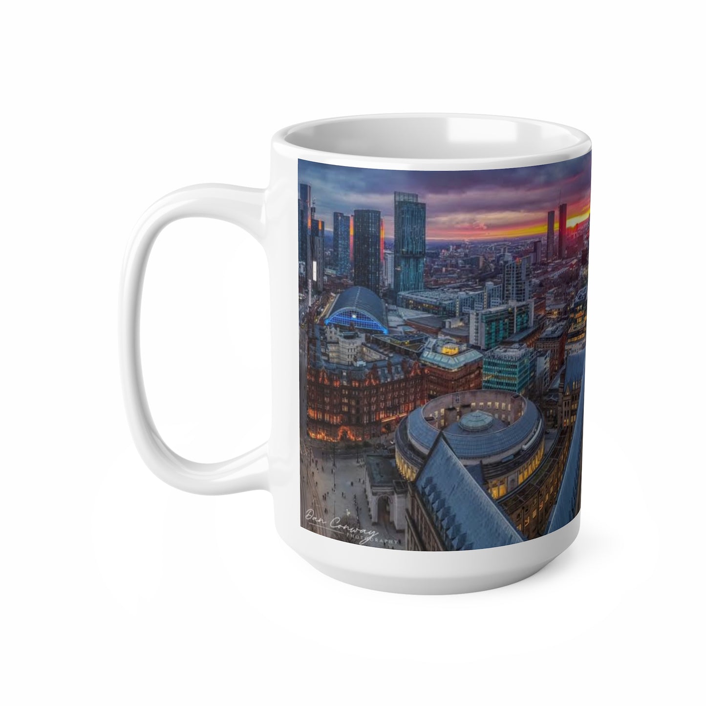 Manchester Cityscape Ceramic Mug — Aerial Skyline Sunset Coffee Cup (11oz, 15oz)