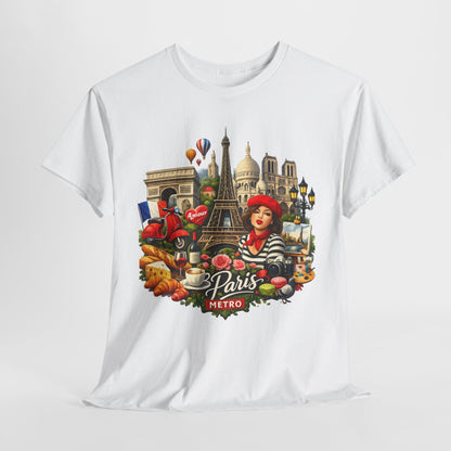 Paris Montage Tee — Eiffel Tower, Croissant & Metro Vintage Travel T‑Shirt