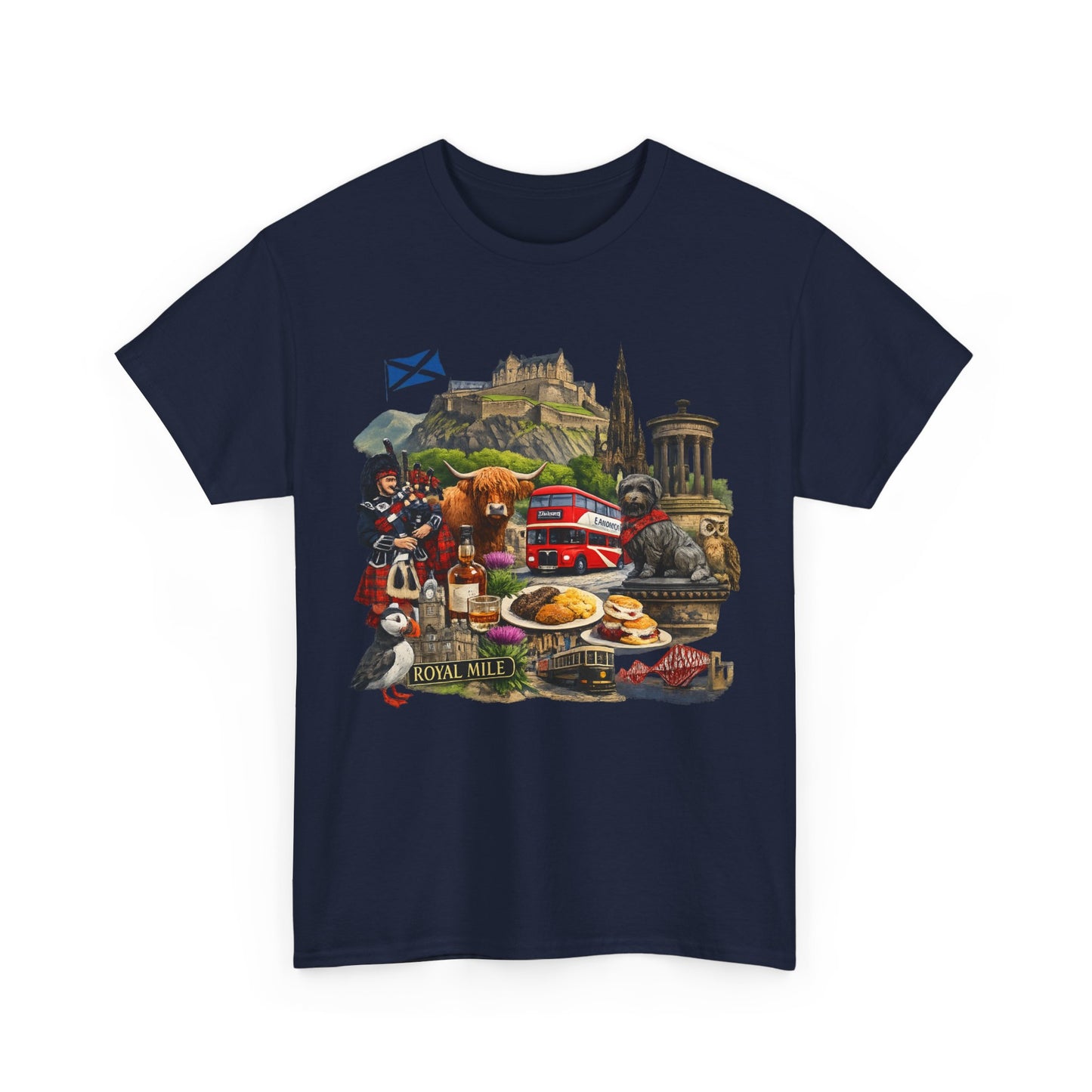 Scotland / Edinburgh Travel Collage T-Shirt — Edinburgh Castle, Bagpipes & Local Icons