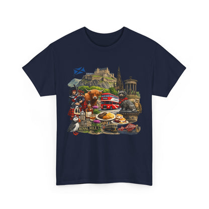 Scotland / Edinburgh Travel Collage T-Shirt — Edinburgh Castle, Bagpipes & Local Icons