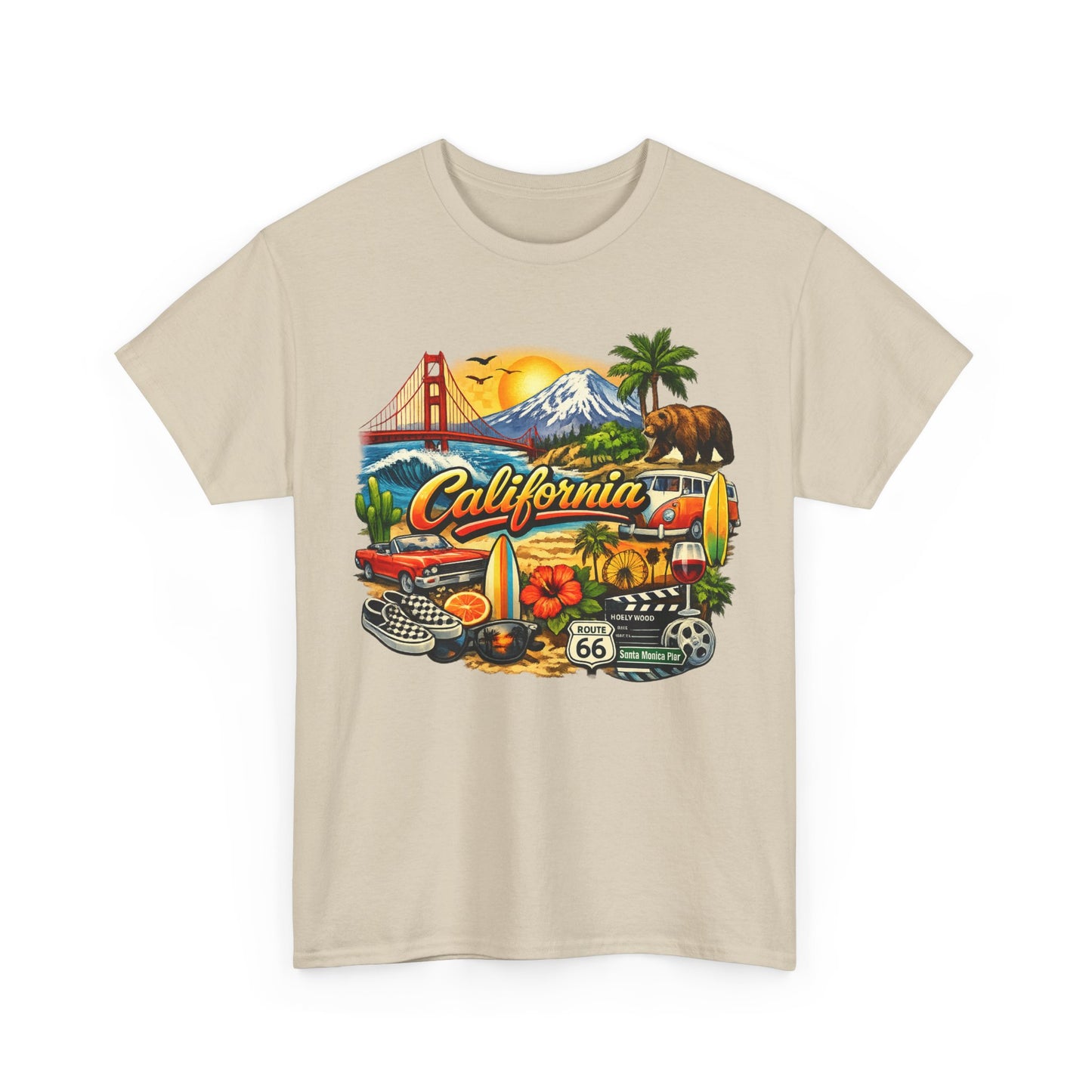 California Vintage Travel T-Shirt — Golden Gate, Palm Trees & Route 66 Tee