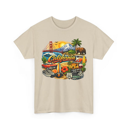 California Vintage Travel T-Shirt — Golden Gate, Palm Trees & Route 66 Tee