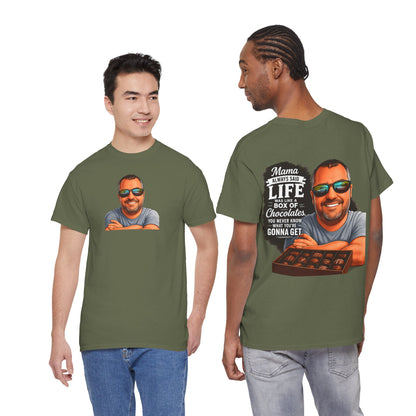 T-Shirt — "Mama Always Said Life Is Like A Box Of Chocolates" Graphic Tee (Funny Retro Portrait)