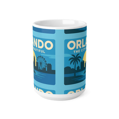 Orlando Retro Blue Skyline Mug — 'Orlando The City Beautiful' Ceramic Coffee Cup (11oz & 15oz)