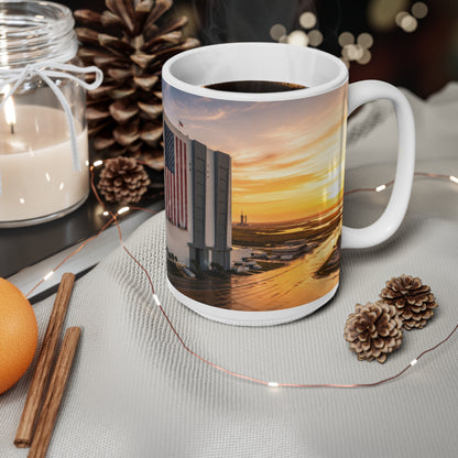 NASA Vehicle Assembly Building Sunrise Photo Mug — American Flag Ceramic Coffee Cup (11oz & 15oz)