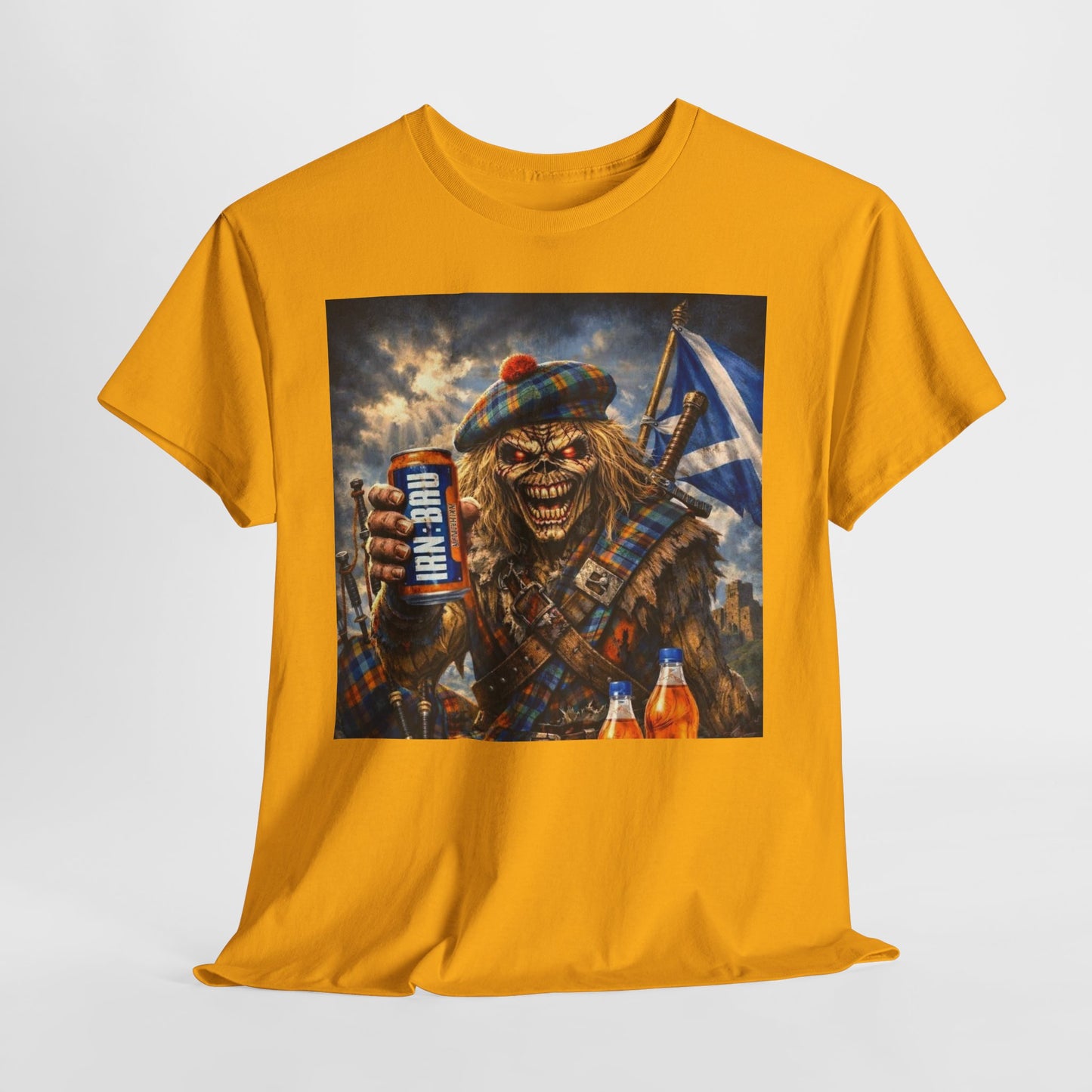 Scottish Rock Skull T‑Shirt — Eddie the Piper with Flag & Can Graphic Tee