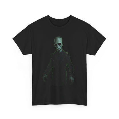 Alien Shadow Graphic Tee — Neon Green Sci‑Fi Skeleton Design
