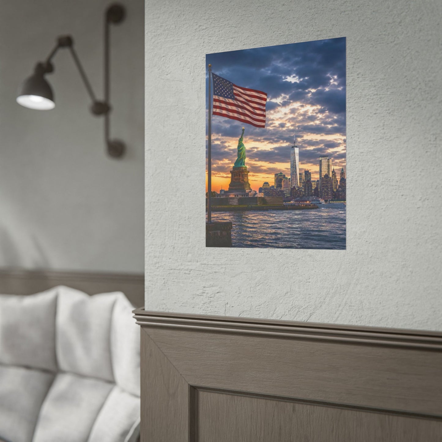 New York City Liberty Skyline Poster — Statue of Liberty & American Flag Wall Art