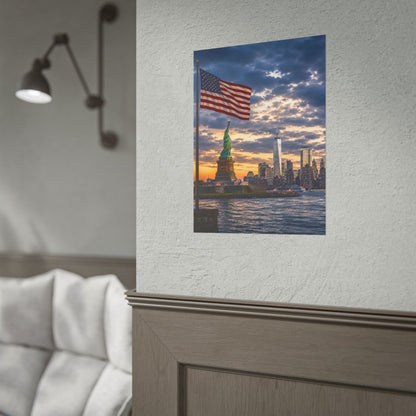 New York City Liberty Skyline Poster — Statue of Liberty & American Flag Wall Art