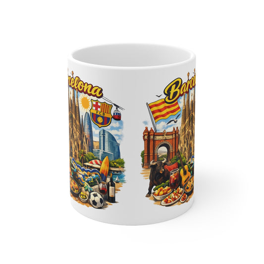 Barcelona Souvenir Mug — Ceramic Coffee Cup 11oz/15oz with Sagrada Familia, Paella & Flag Design